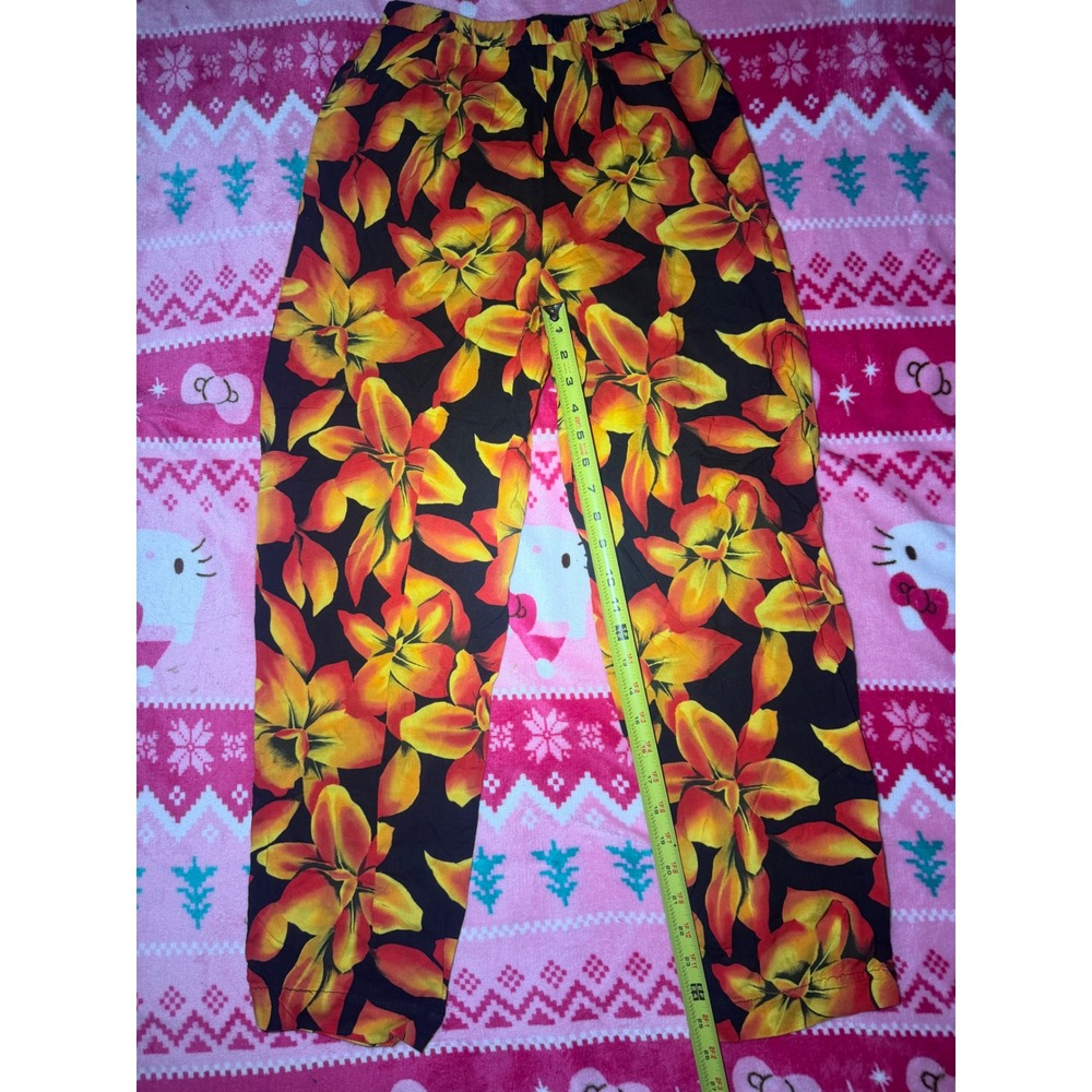 Studio C Womens Small Tropical Floral Rayon Pants Orange Yellow Black Elastic - Picture 6 of 7